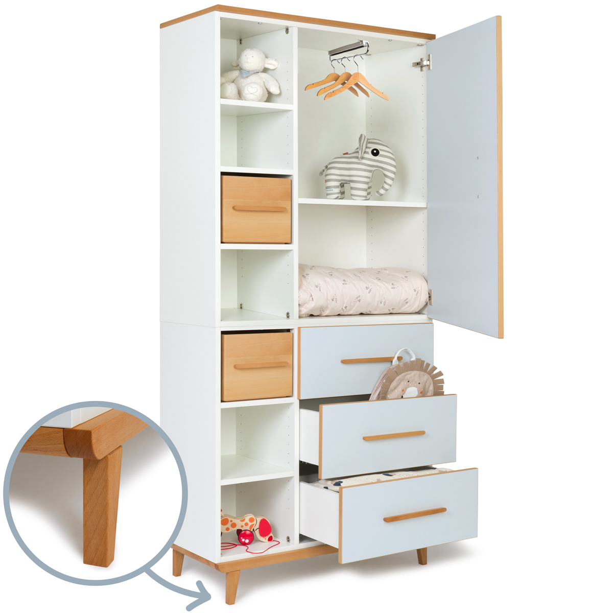 Kleiderschrank 198 cm 1-türig 3 Schubladen NADO Retro Buche sky blue