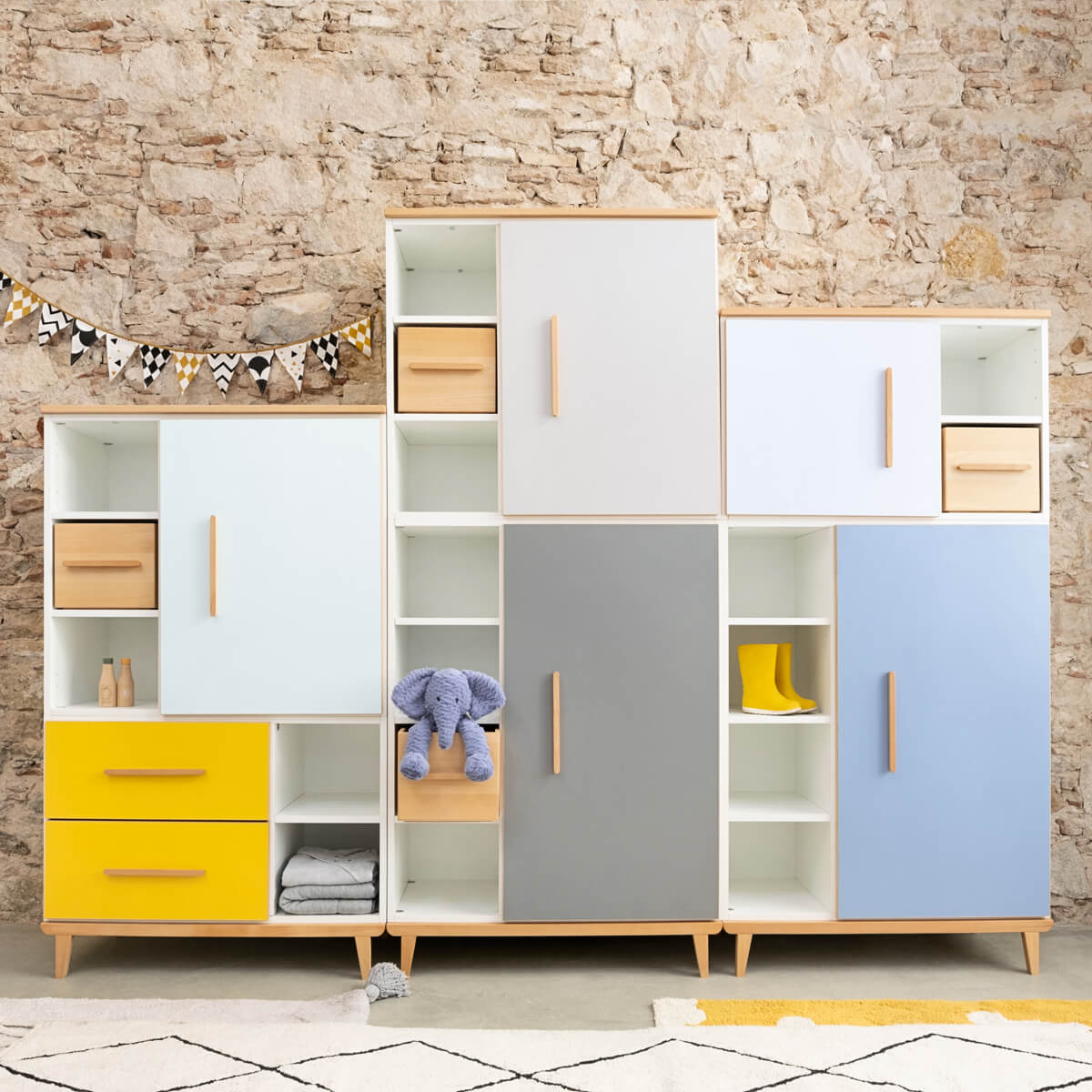 Kleiderschrank 198 cm 1-türig 3 Schubladen NADO Retro Buche sunshine yellow