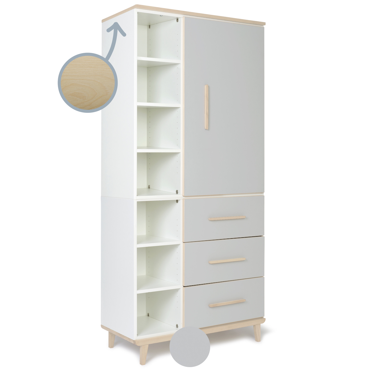 Kleiderschrank 198 cm 1-türig 3 Schubladen NADO Retro Esche manhattan grey