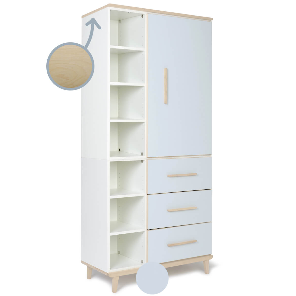 Kleiderschrank 198 cm 1-türig 3 Schubladen NADO Retro Esche sky blue