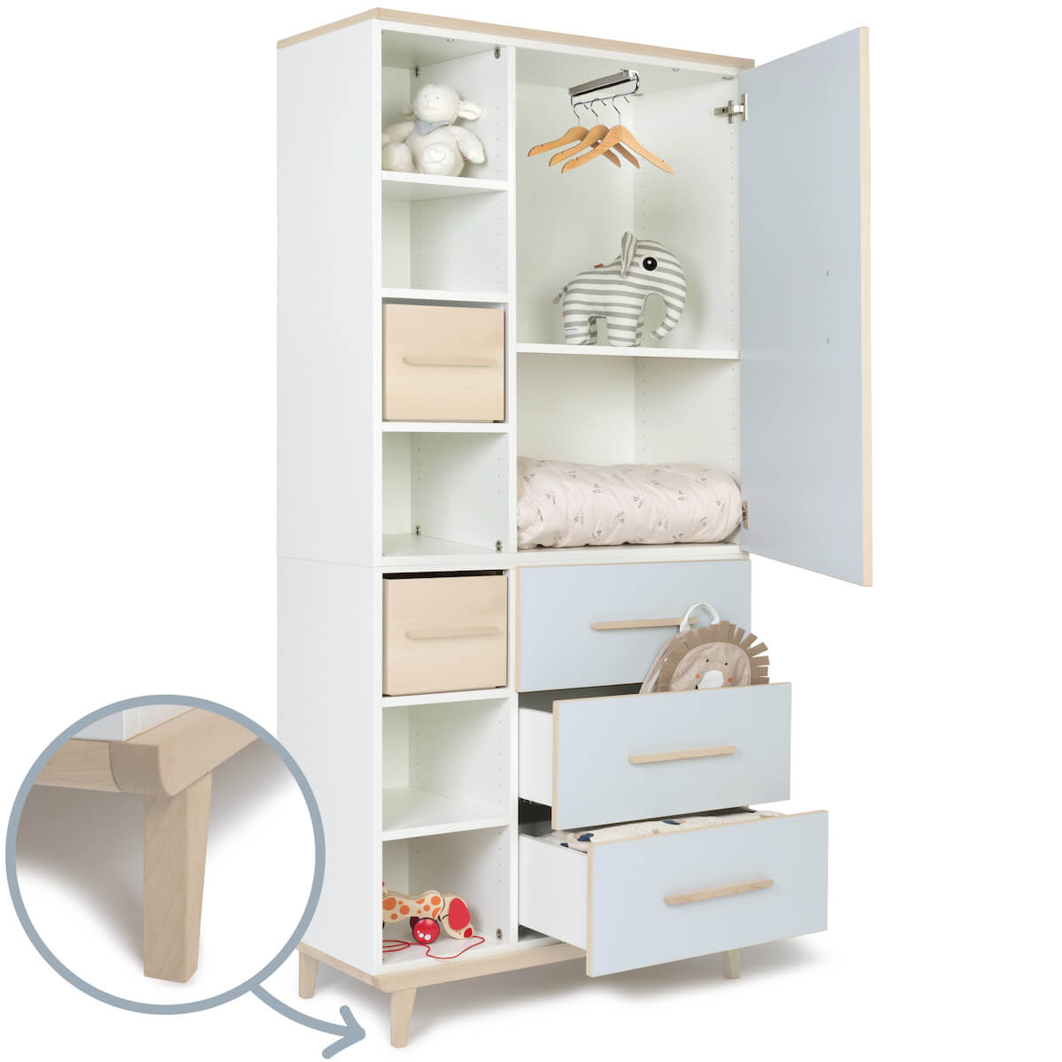 Kleiderschrank 198 cm 1-türig 3 Schubladen NADO Retro Esche sky blue