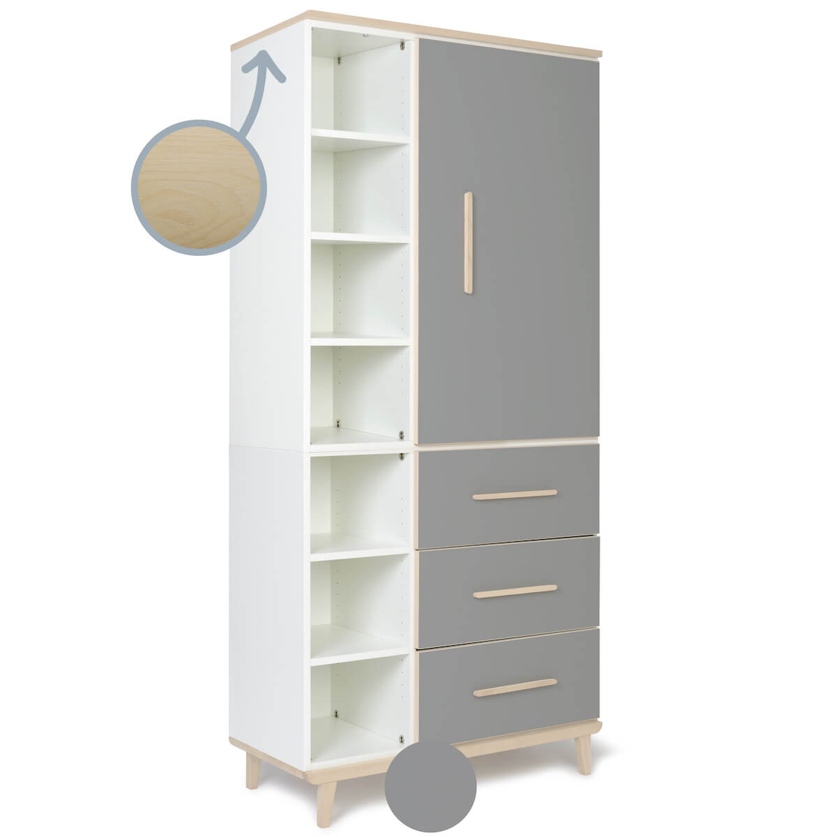 Kleiderschrank 198 cm 1-türig 3 Schubladen NADO Retro Esche slate grey