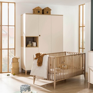 Kleiderschrank 4T, 2 Längstüren, 2 Quertüren, 1 offenes Fach, 2 Mittelwände, 7 Etagen, 2 Dreifachkleider MILA & BEN Paidi Beige cashmere / skandinavisches Holz