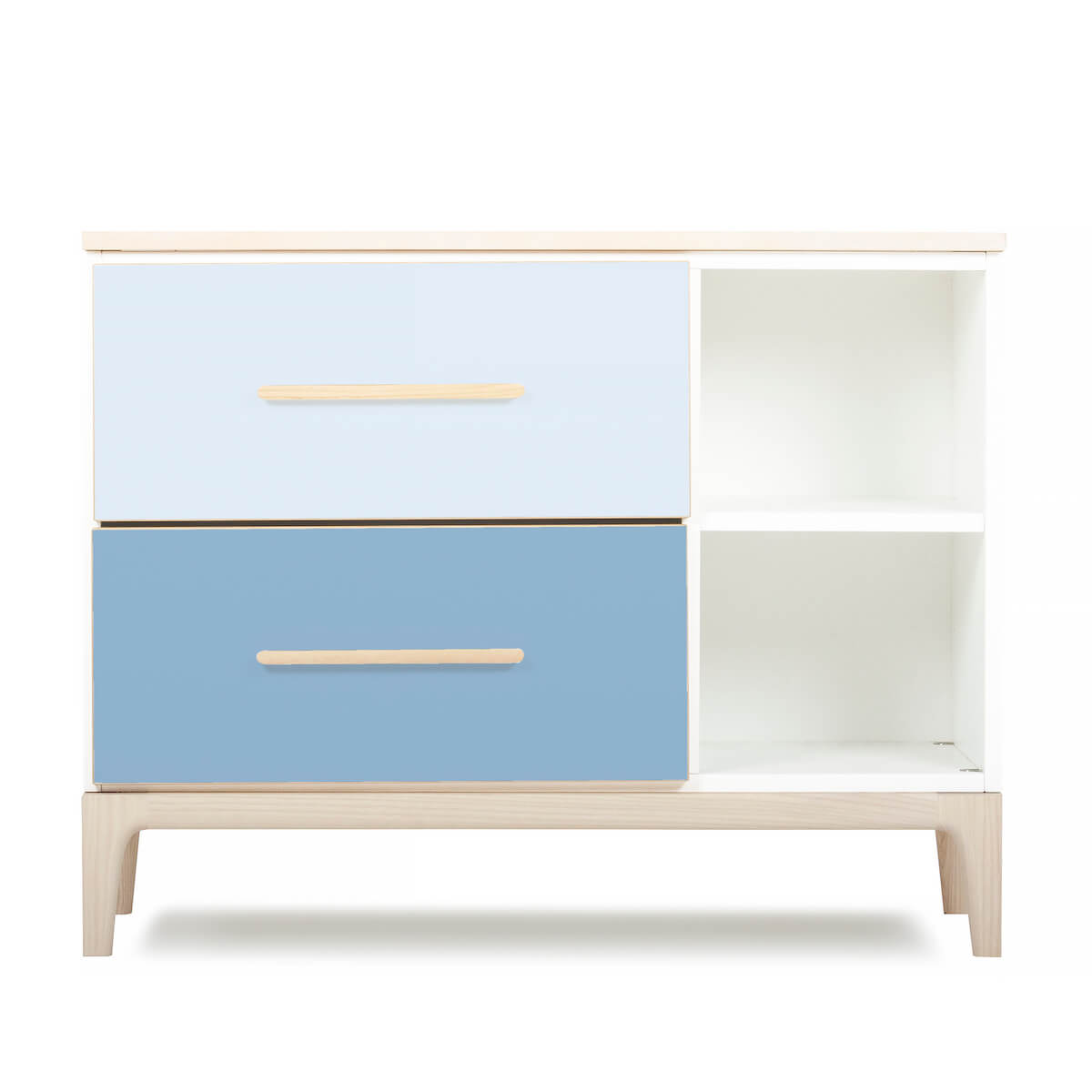 Kleinmöbel 2 Schubladen 2 Nischen NADO Curve Esche sky blue-capri blue
