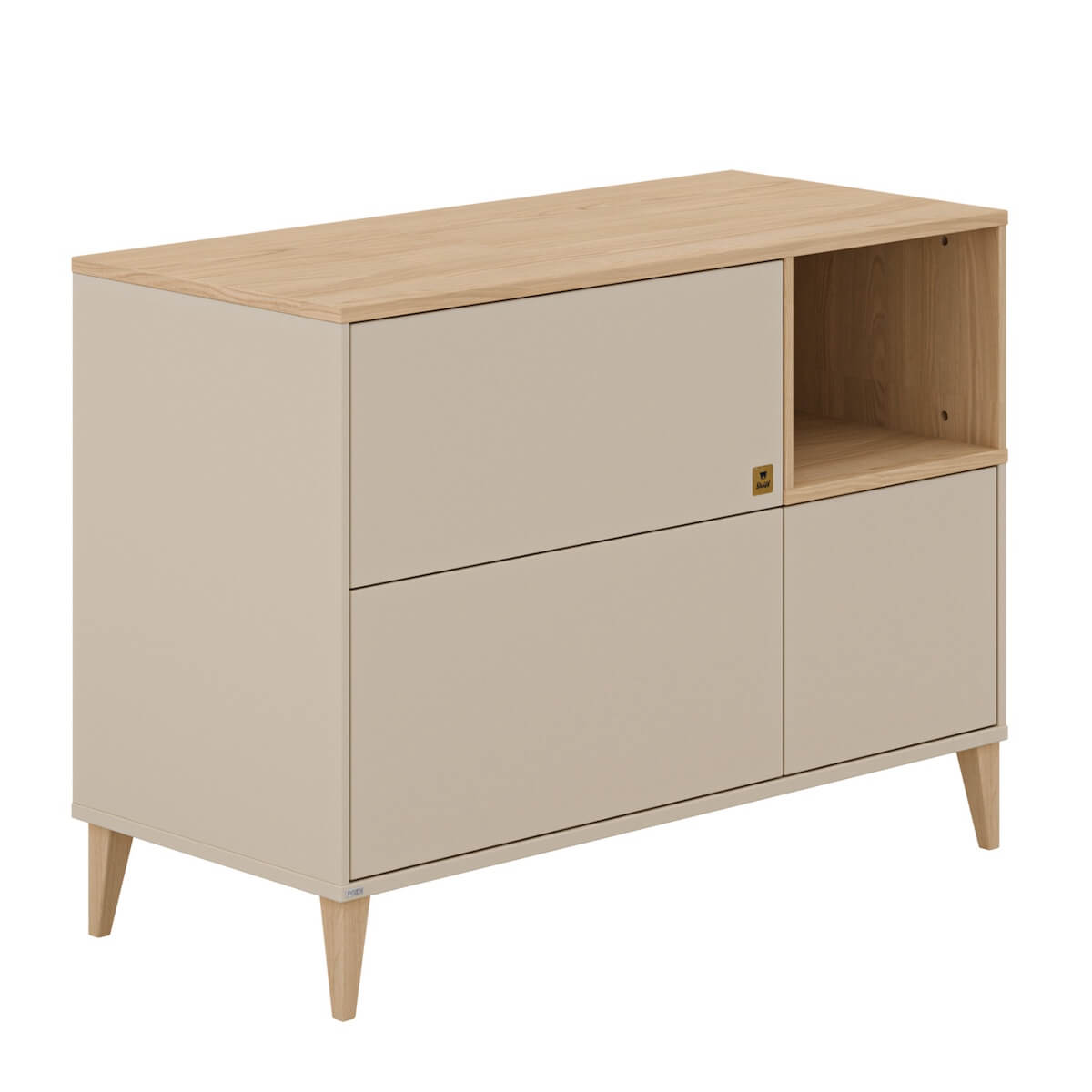 Kommode 1T2S, 1 Tür, 2 Schubladen, 1 Innenschublade, obere und innere Schublade mit Vollauszug MILA & BEN Paidi Beige cashmere / skandinavisches Holz