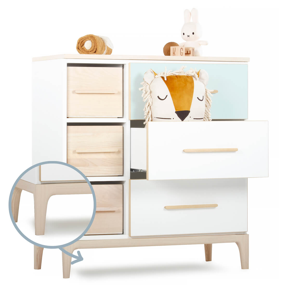 Kommode 3 Schubladen 3 Nischen NADO Curve Esche mint-white