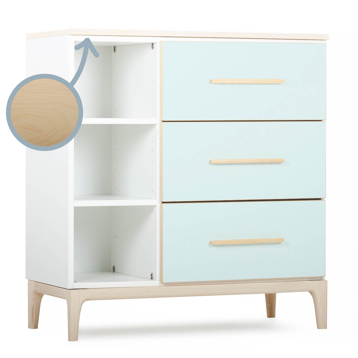 Kommode 3 Schubladen 3 Nischen NADO Curve Esche mint