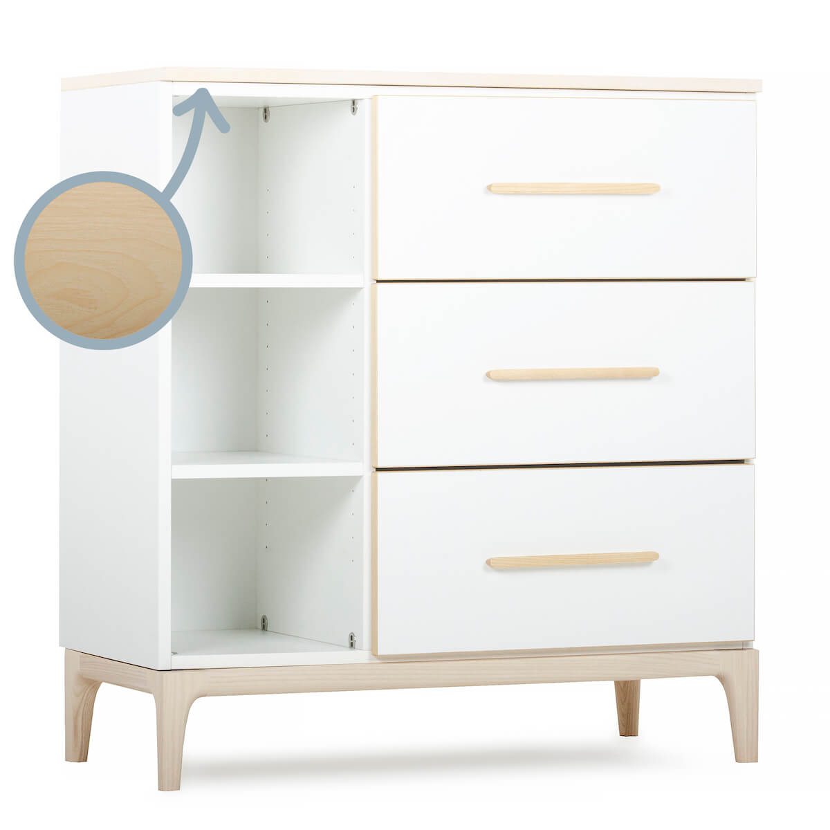 Kommode 3 Schubladen 3 Nischen NADO Curve Esche white