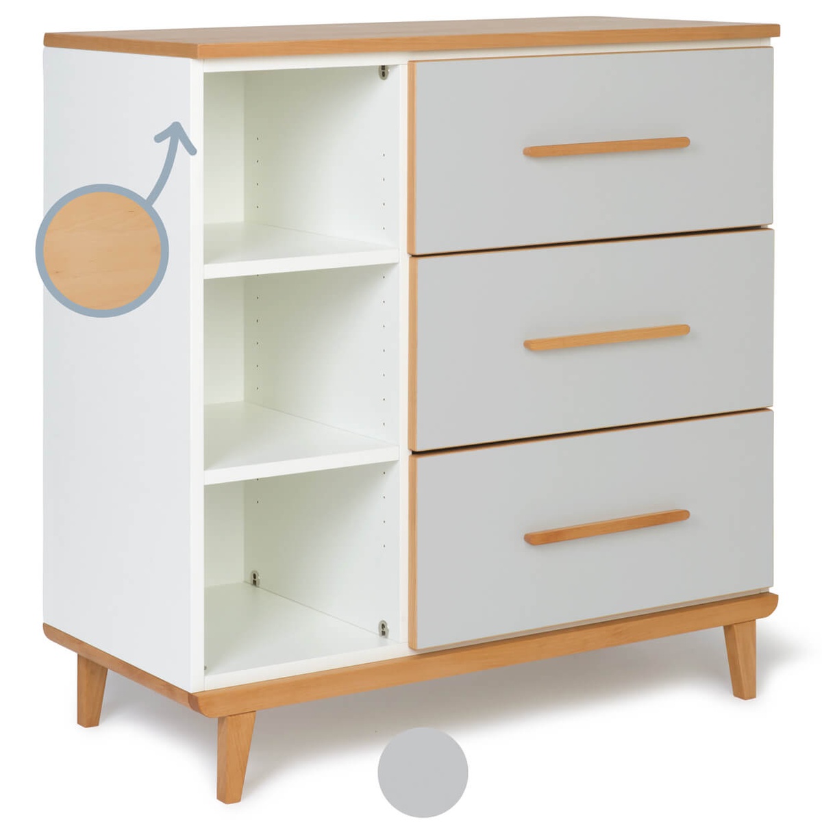 Kommode 3 Schubladen 3 Nischen NADO Retro Buche manhattan grey