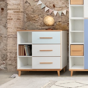 Kommode 3 Schubladen 3 Nischen NADO Retro Buche mint-white