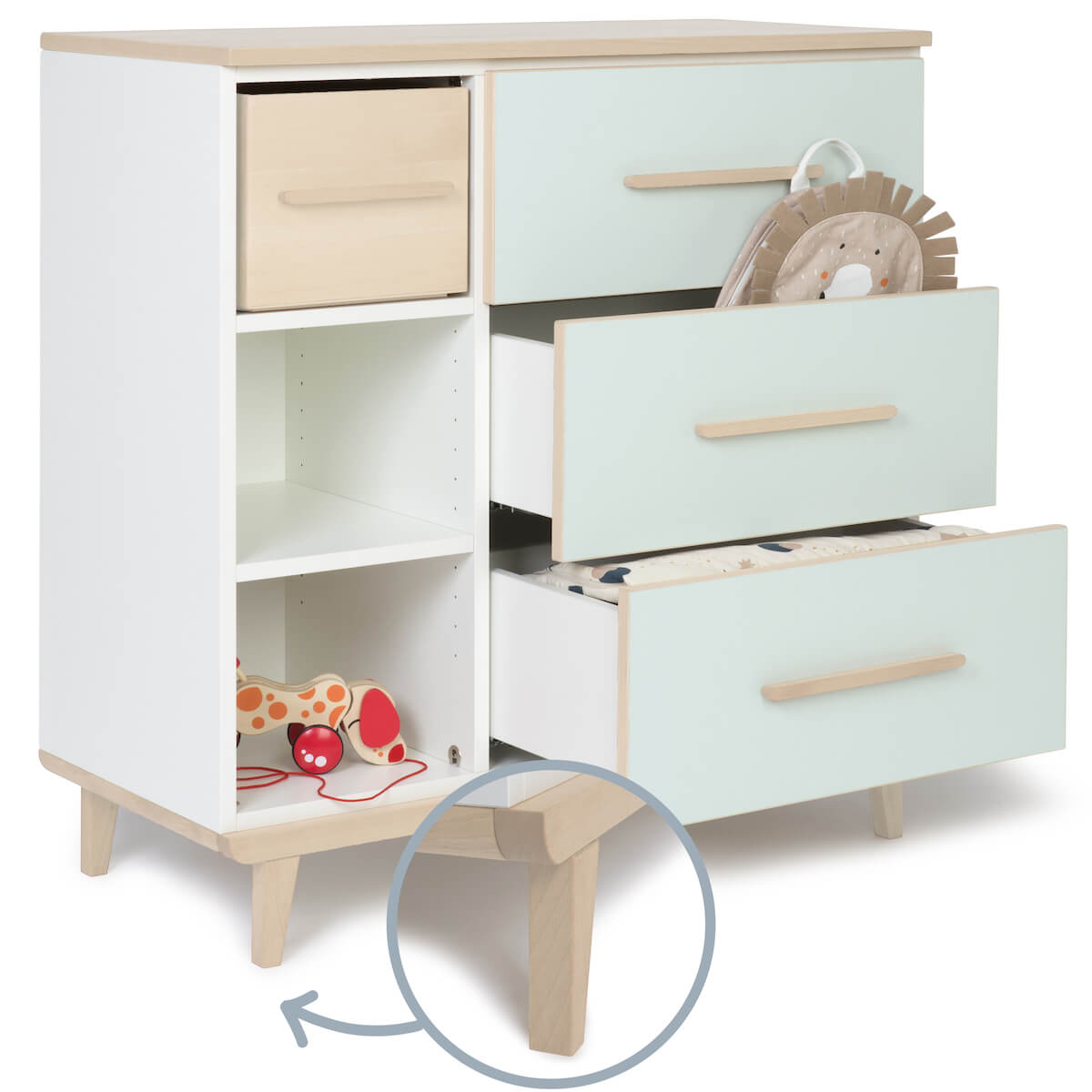 Kommode 3 Schubladen 3 Nischen NADO Retro Esche mint