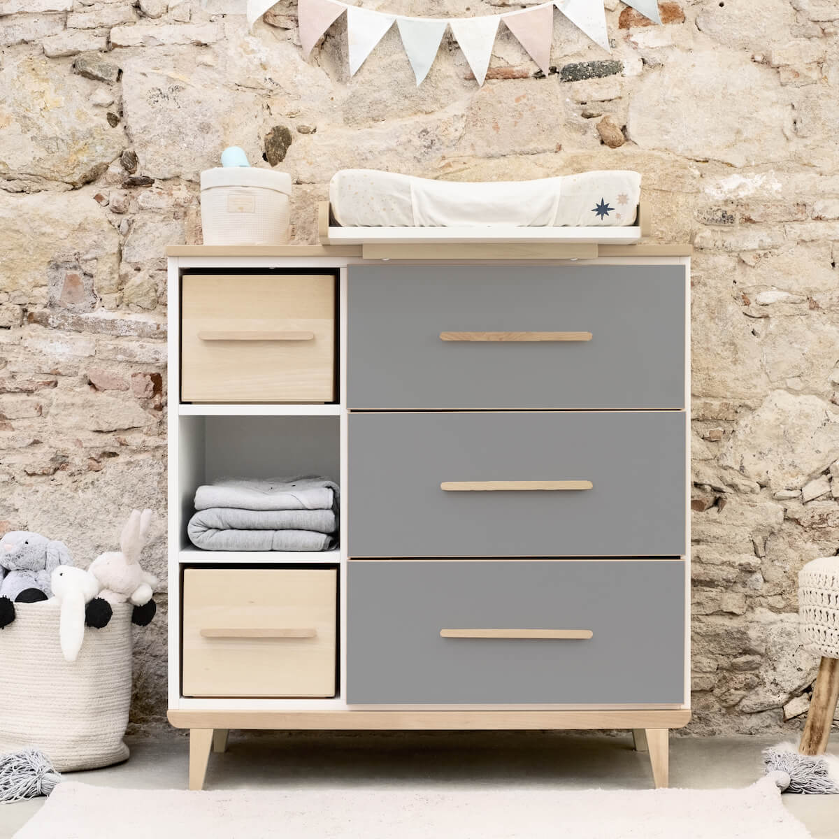 Kommode 3 Schubladen 3 Nischen NADO Retro Esche slate grey