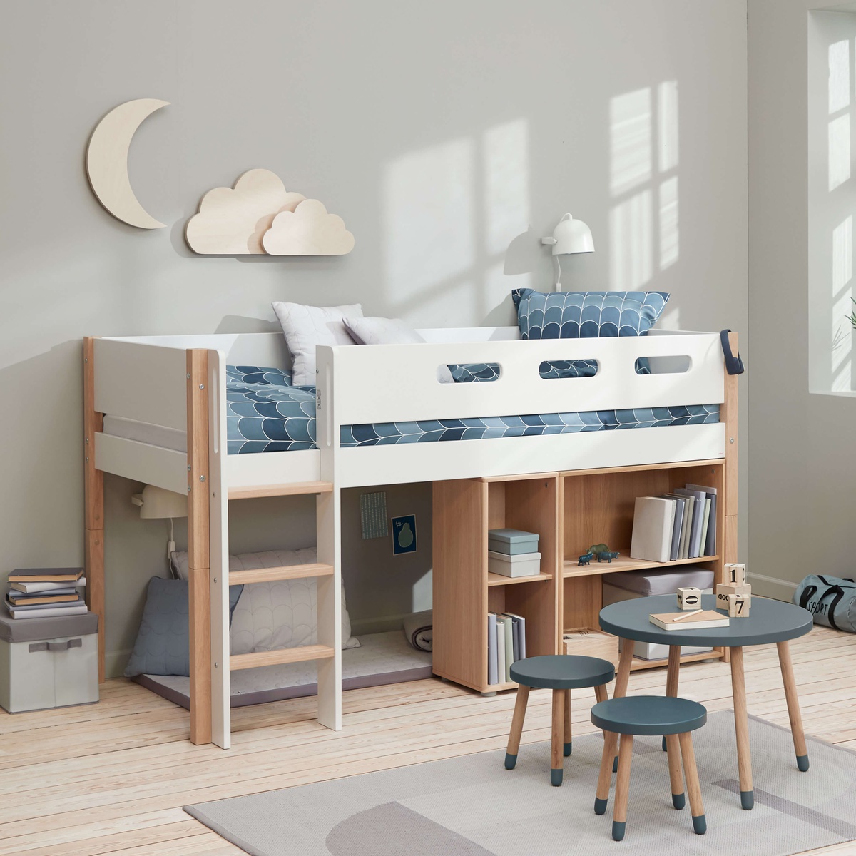 Mittelhohes Bett 90x200cm gerade Leiter NOR Flexa Eiche-weiß