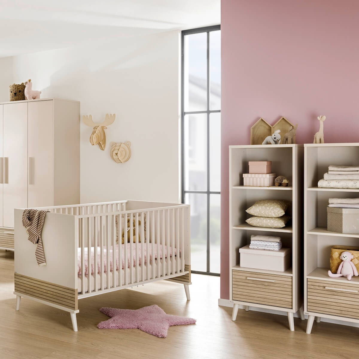 Schmales Standregal 3 offene Fächer, 1 Schublade Groovy Oak EEFJE Paidi Beige cashmere / Eiche