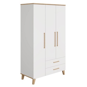 Schrank 3T2S ohne Spiegel, 3 Türen, 2, Schubladen, 1 Mittelwand, 4 schmale Regalböden, 1 breiter Regalboden, 1 breite Kleiderstange OSCAR Paidi Eiche Nebraska / weiß