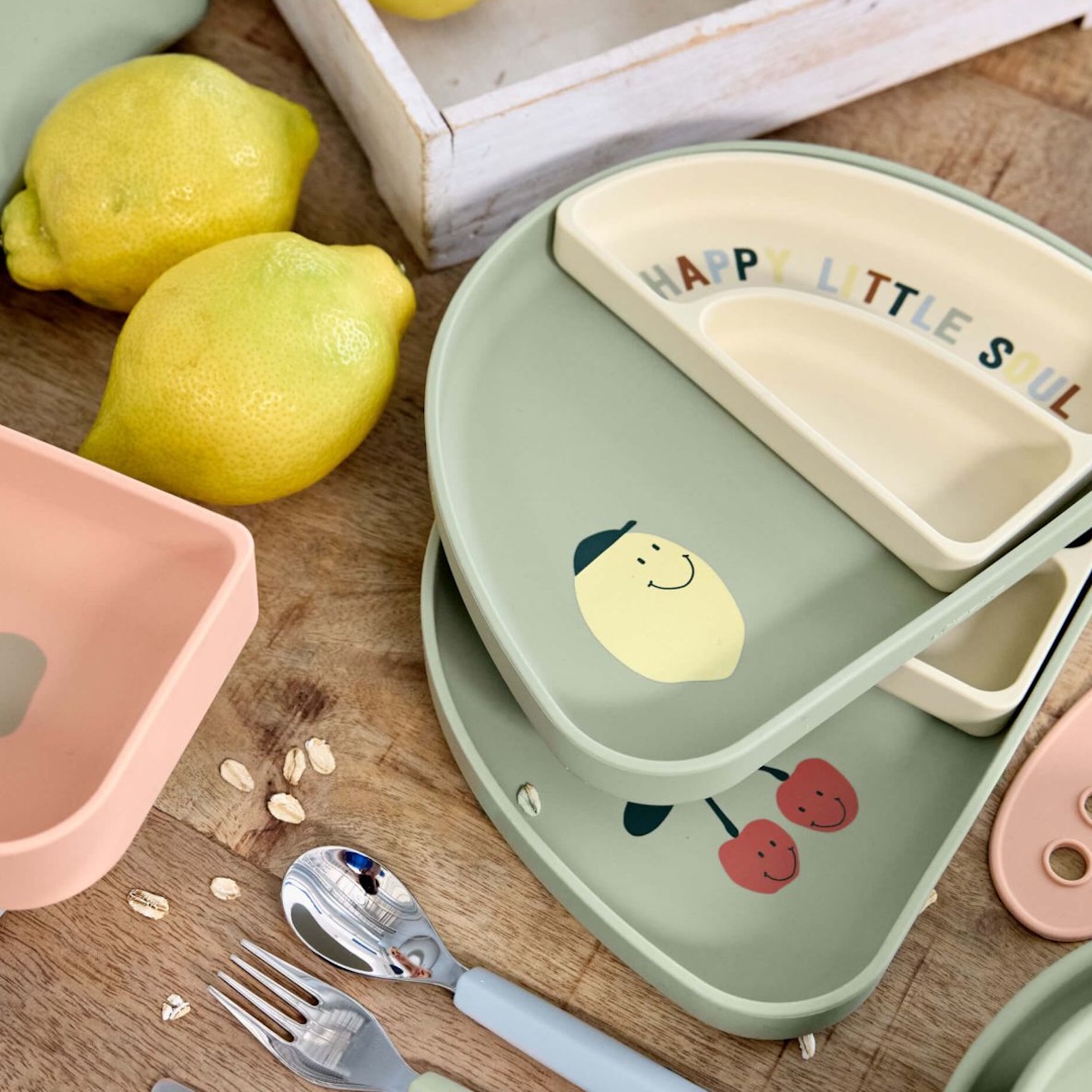 Silicon Section Dish Set 3pcs Happy Fruits Lemon Laessig