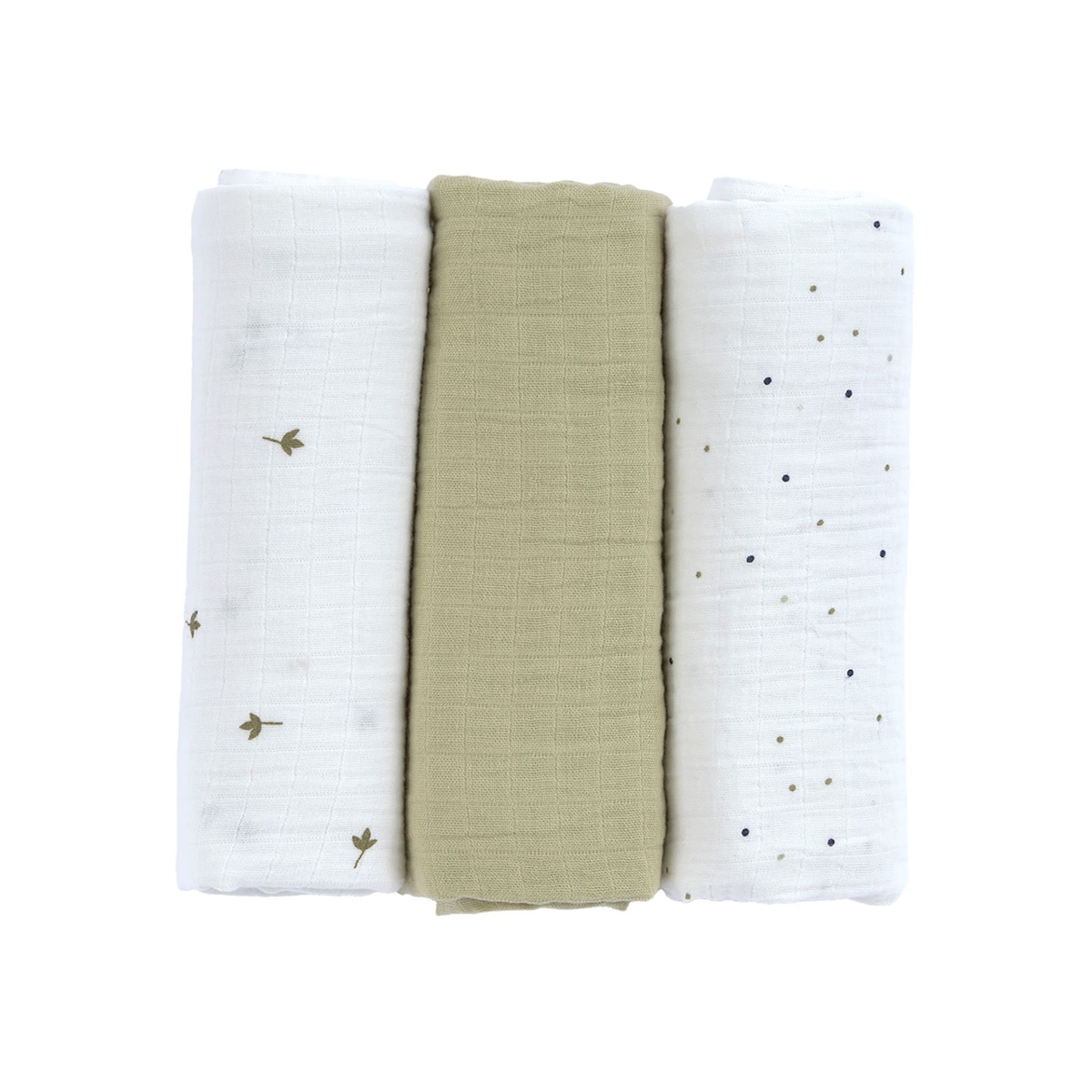 Swaddle & Burp Blanket M 3pcs 60x60cm GOTS Leave olive milky Laessig 