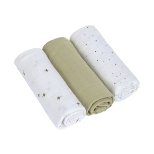 Swaddle & Burp Blanket M 3pcs 60x60cm GOTS Leave olive milky Laessig 