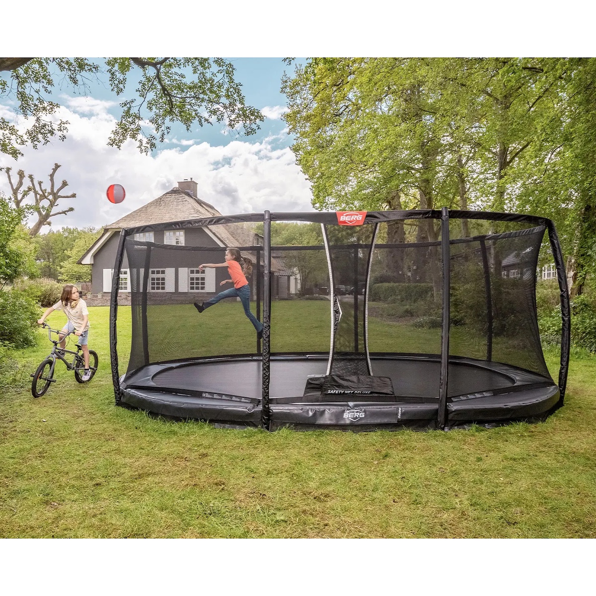 Trampolin 350cm InGround GRAND CHAMPION + Safety Net Deluxe Berg grey