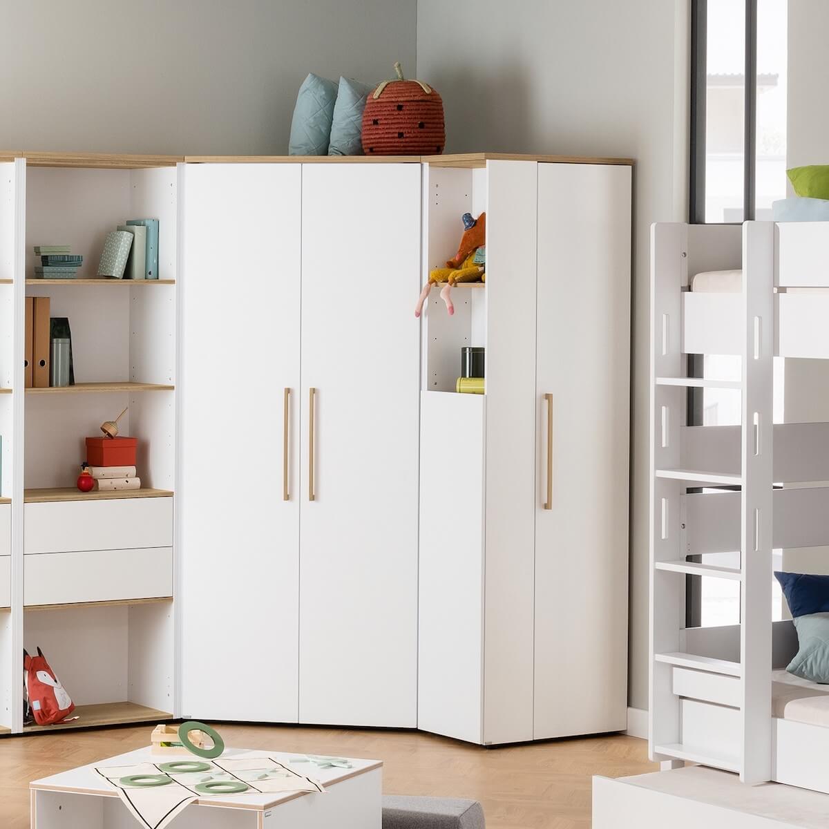 Verstellbares Element 2T, 2 Ports, 4 Böden, kann an der schmalen oder breiten Seite des Eckschranks befestigt werden oder frei montiert werden OSCAR Paidi Eiche Nebraska / weiß