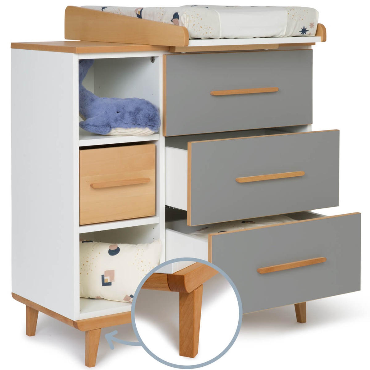 Wickelkommode 3 Schubladen 3 Nischen NADO Retro Buche slate grey